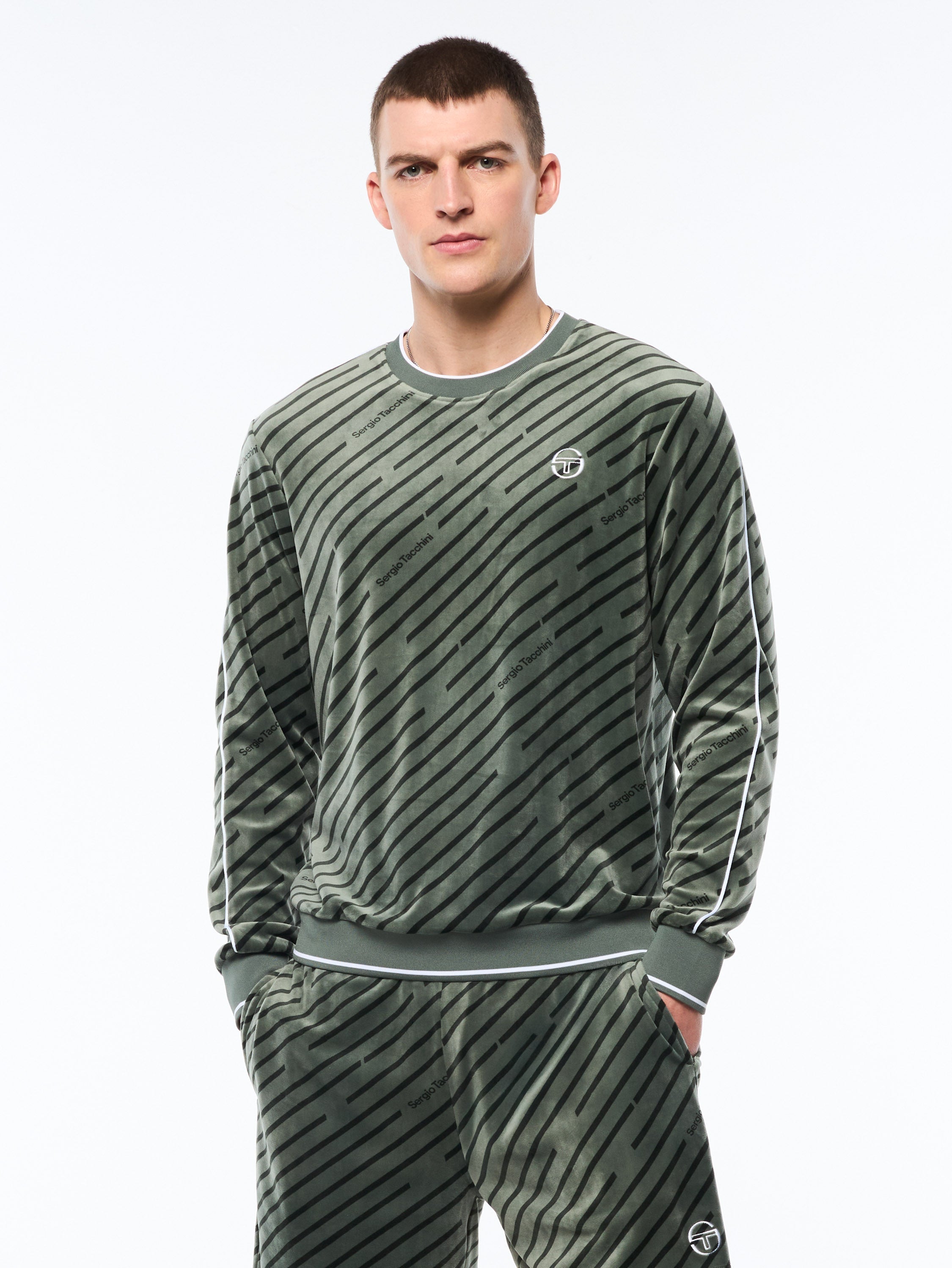 Obliquo Velour Crewneck-Agave Green